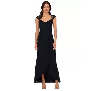 Adrianna Papell Size 2 Navy Cap-Sleeve Embellished Chiffon Mermaid Gown Dress